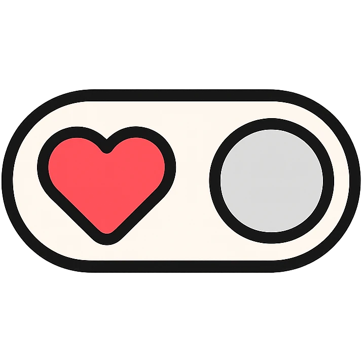 minimalist toggle switch on white background with a large red heart on the left and a light gray circle on the right in off position, rounded shapes, clean design emoji
