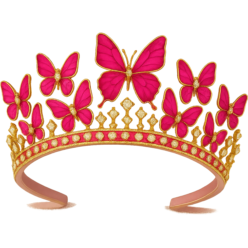 Increase the vibrancy and saturation of the pink enamel butterflies on the crown, making them more vibrant and saturated in their pink enamel shades. Keep the sparkling gems and pink base intact. No background. emoji