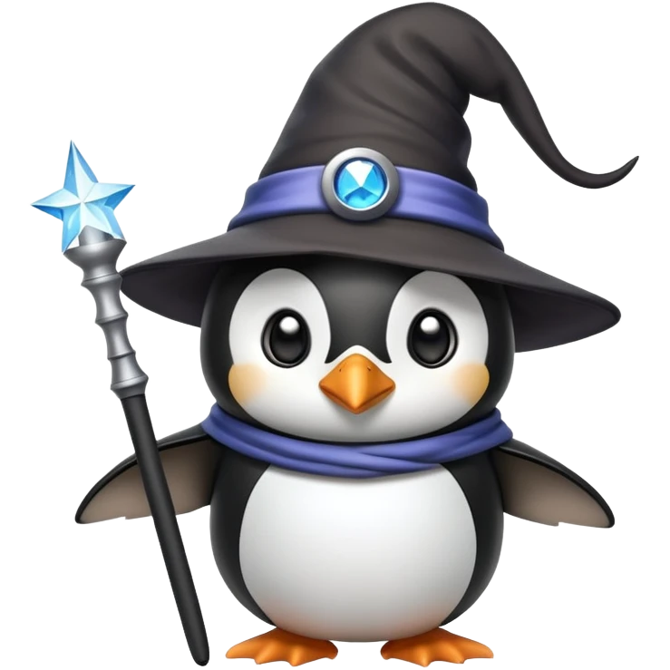 Penguin wearing a wizard hat and holding a magic wand emoji