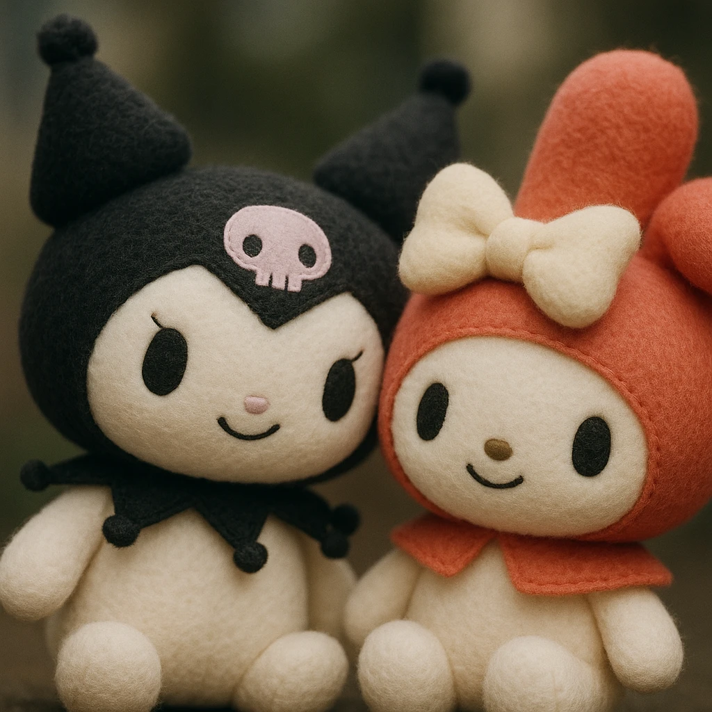 Kuromi and My Melody together, soft and fluffy, huggable emoji