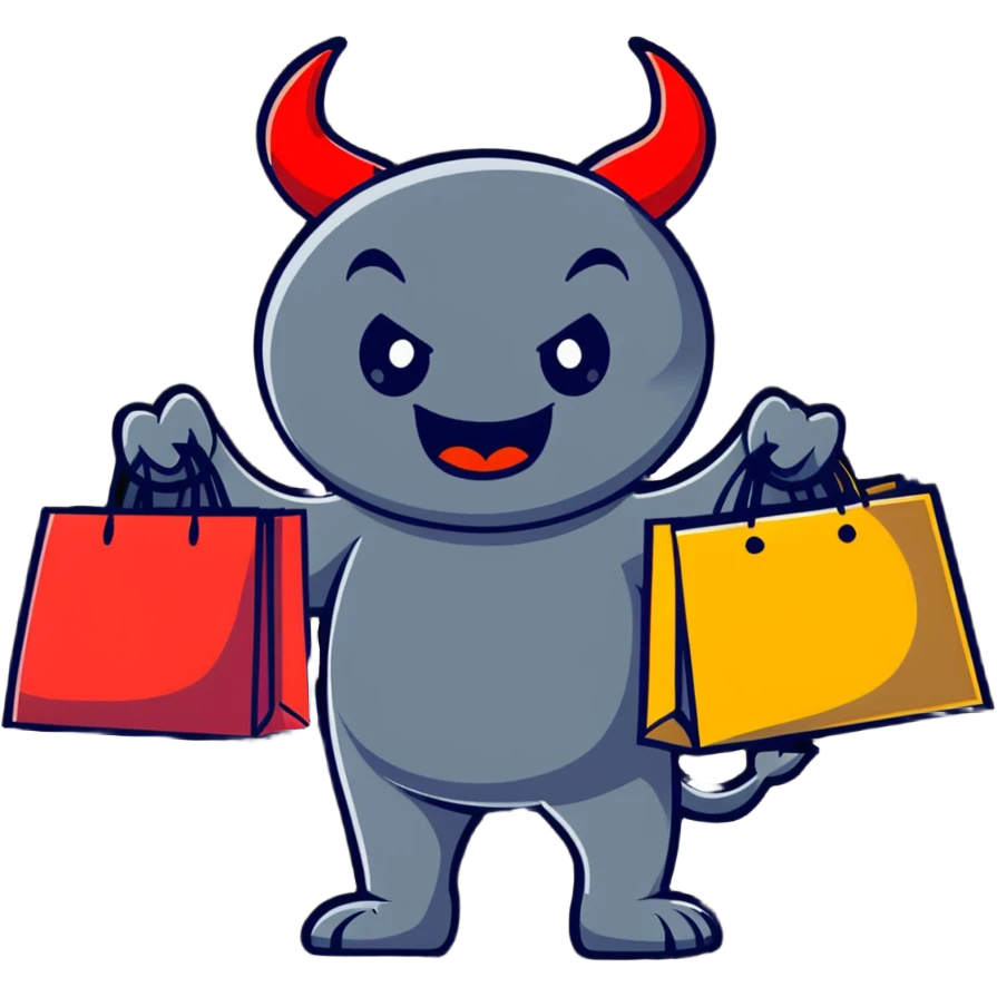 Devil character with shopping bags, excited about shopping emoji