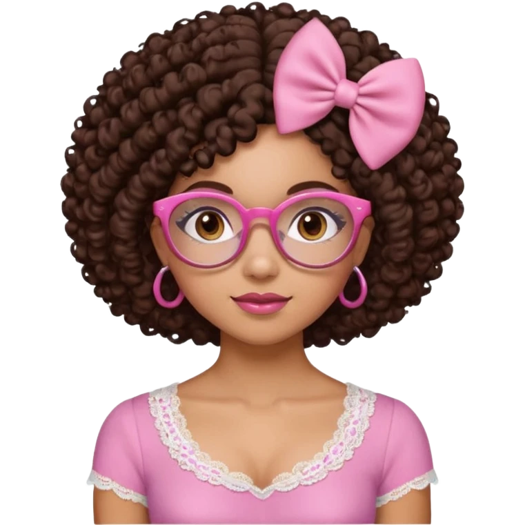 medium-light kinned afro-latina girl with medium length chocolate brown side part curly hair, small pink bow , with brown glasses, brown eyes, pink and white sweetheart necklined top with lace, round wide-ish nose, ob-long face emoji