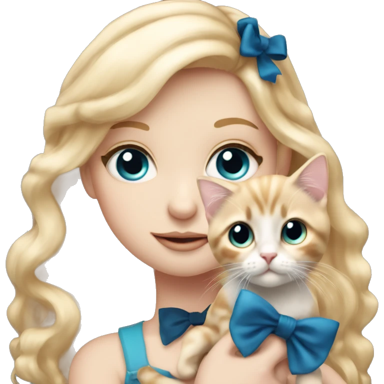 pale blonde girl with long rosy blonde hair with blue eyes and wearing a black bow holding a calico kitten emoji