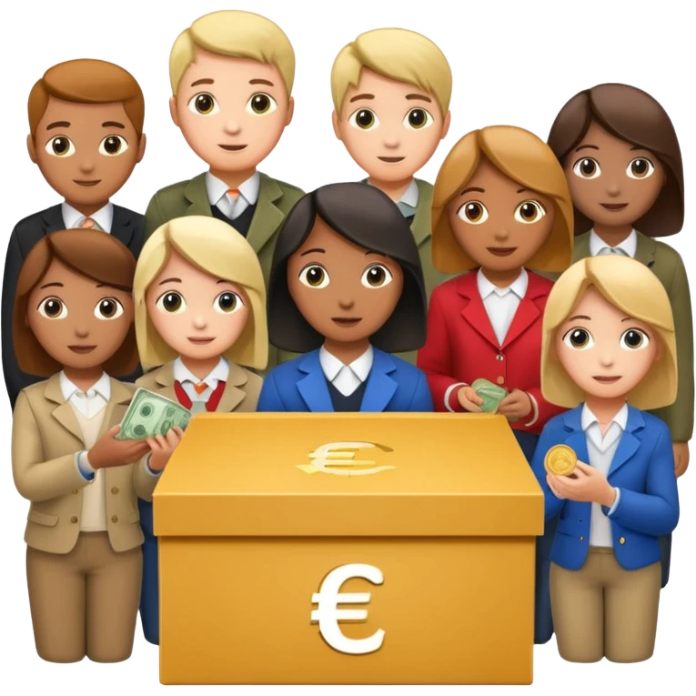 A box of money 💶  A euro icon €  a lot of Students putting coins into the box everyone wearing difrent clothe emoji