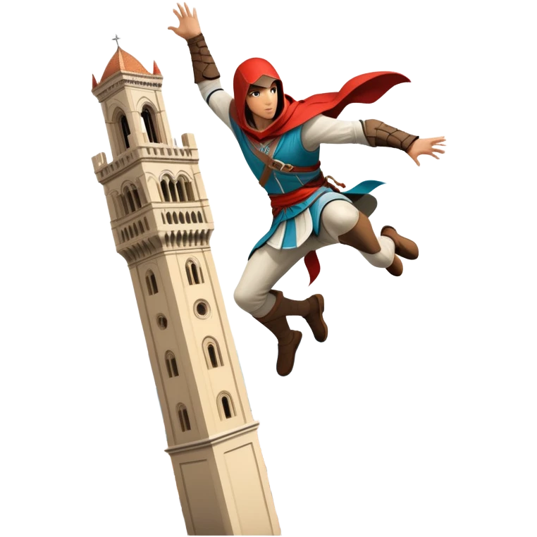 An icon featuring a hero performing a leap of faith from a tower in Florence, inspired by adventure games like Assassin's Creed. The design captures the dramatic moment mid-air, with detailed architecture and a bustling city below. Transparent background emoji