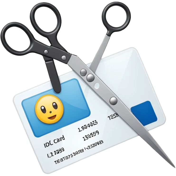 Scissors cutting ID card in 2 parts. Realistic emoji