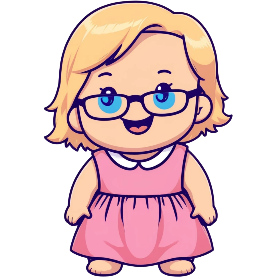 Blonde baby with blue eyes,  black glasses, pink dress giggling emoji