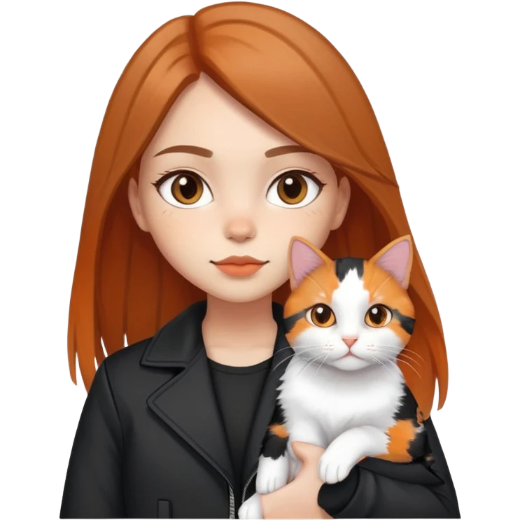 Light-skinned girl with brown straight hair wearing a black jacket, holding one pure white cat and one calico cat with orange black patches emoji
