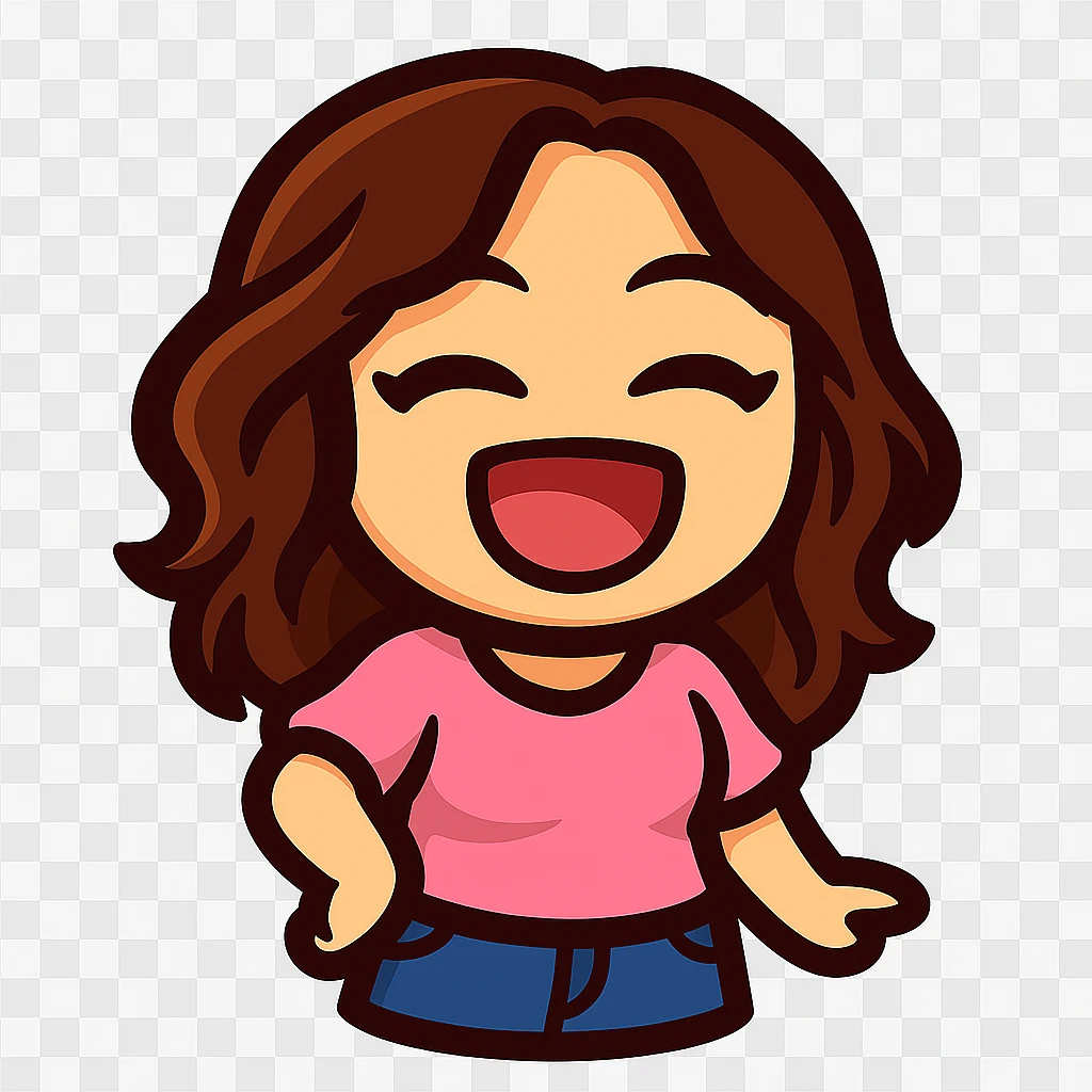 Create a chibi emote of the woman from the reference images, wearing a pink blouse and jeans, laughing with eyes closed, no headband, no sparkles, no wand, transparent background in sticker style emoji