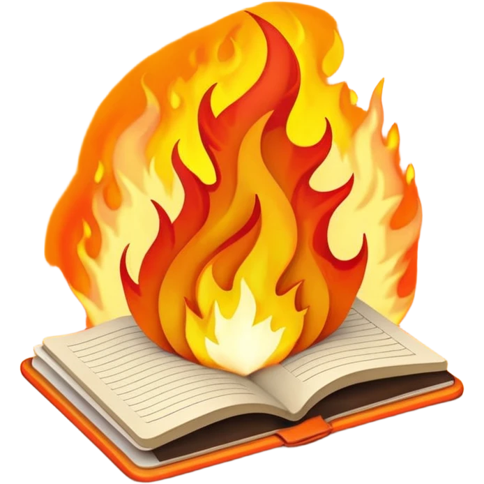 open notebook with rising flames above emoji