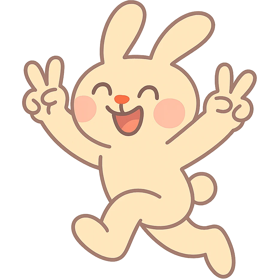 beige bunny jumping and making peace signs, pastel toon style, soft colors emoji