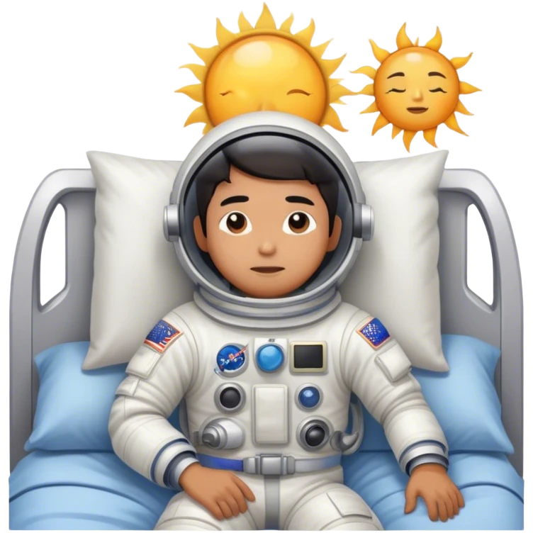 Asian man wearing in astronaut wakeup from the bed looking lazy with sun emoji