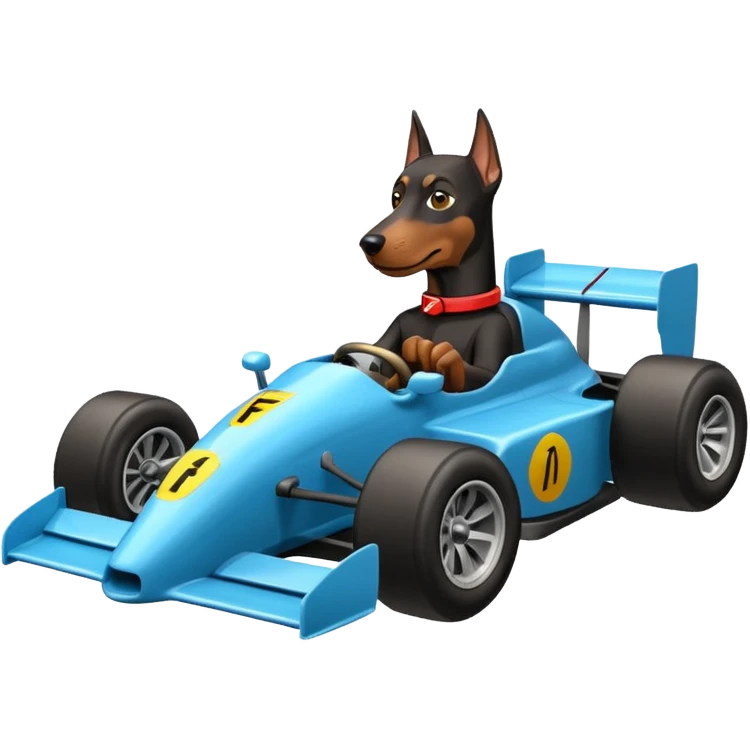 Doberman driving a F1 car emoji