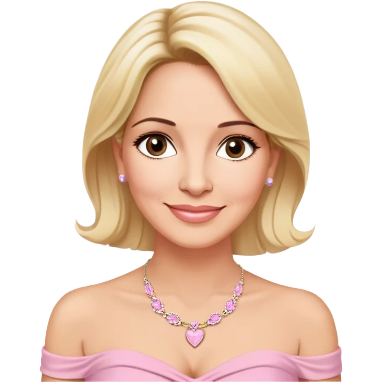Linette Torres, 50-something Puerto Rican actress with fair complexion, kind-hearted expression, bright caring eyes, soft smile, blonde hair, wearing a light pink strapless top that sits below her shoulders and a simple elegant necklace emoji