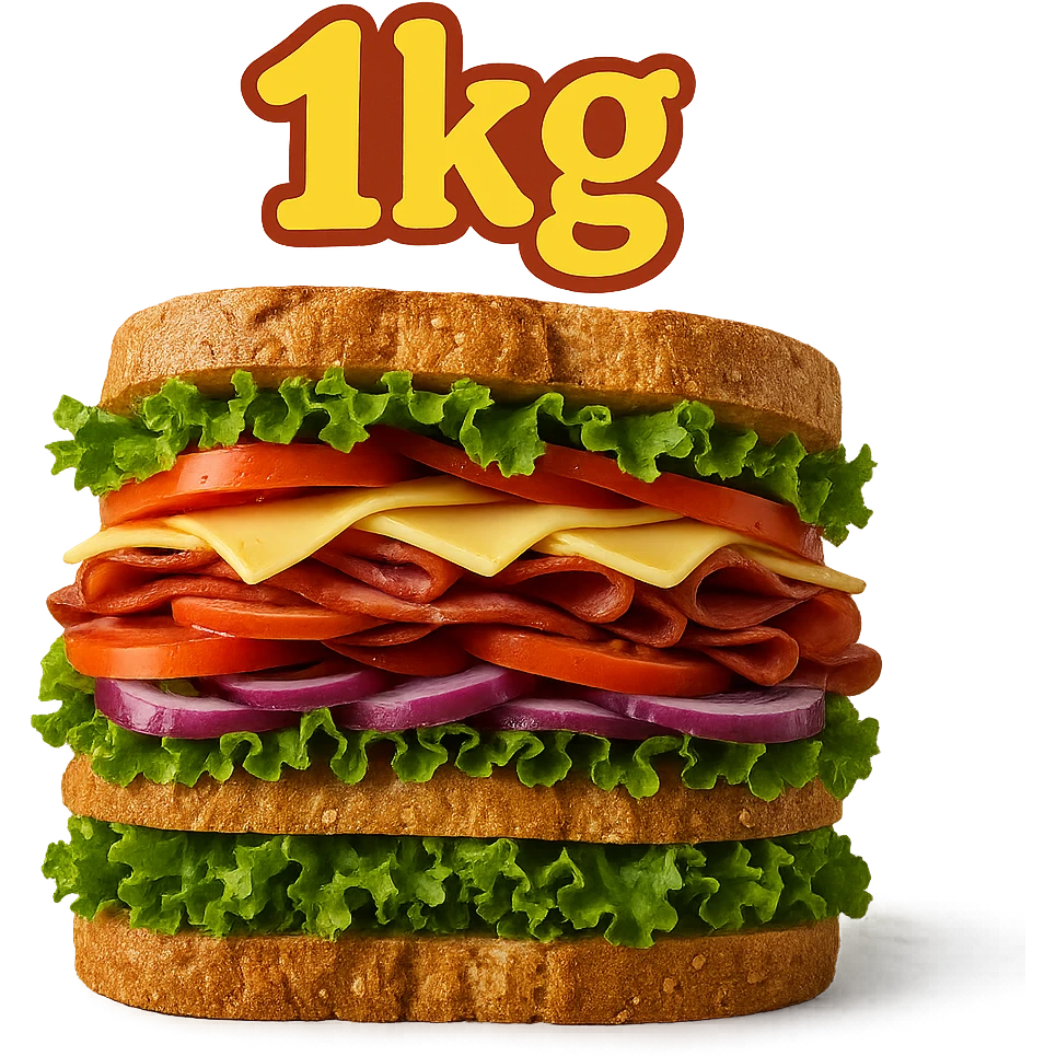 giant sandwich with '1kg' written in bold, playful font emoji