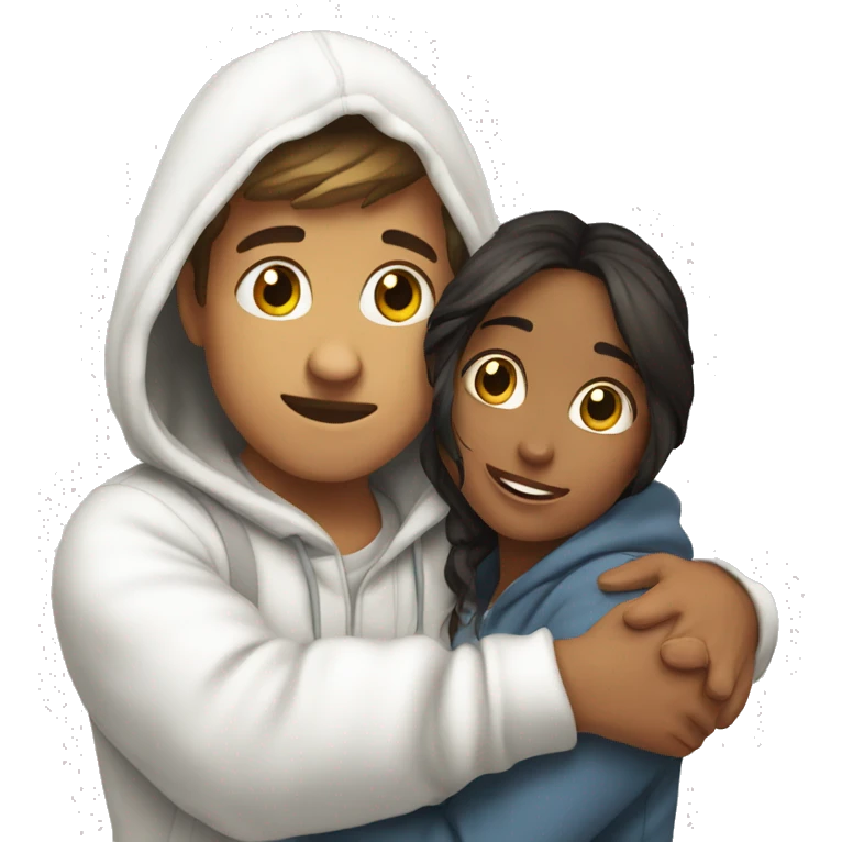An emoji of a man wearing a white hoodie, standing next to his sister. He is hugging her warmly, showing a close sibling bond emoji