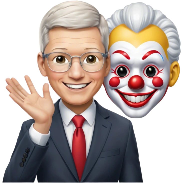 Realistic image of Tim Cook, Apple CEO, with a grin as he takes off a clown mask emoji