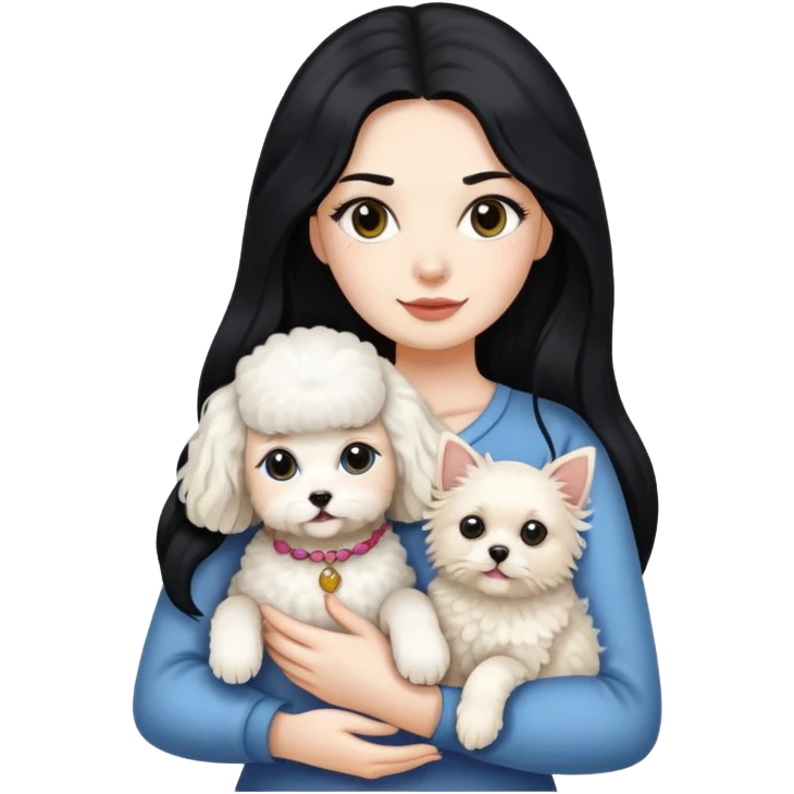 Lady with long black hair, holding 2 animals -a Ragdoll cat and a small poodle dog emoji