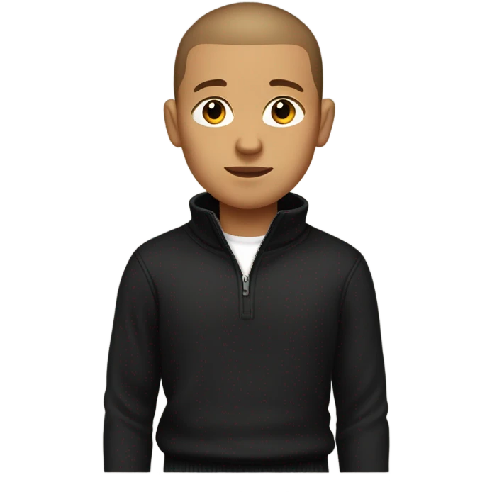 boy with very light brown skin, buzz cut, no facial hair, wearing a smart black quarter zip jumper with white t shirt underneath. emoji