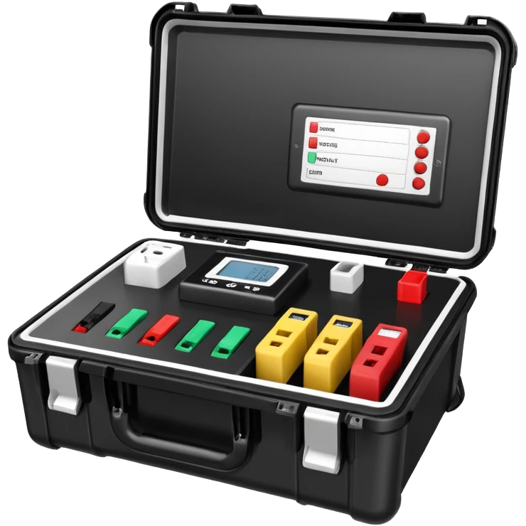 An open black hard-shell test case, inside: technical control panel, a power outlet, USB port, and colored test sockets. A large roll of white test labels lies next to the equipment, along with one red test probe. emoji