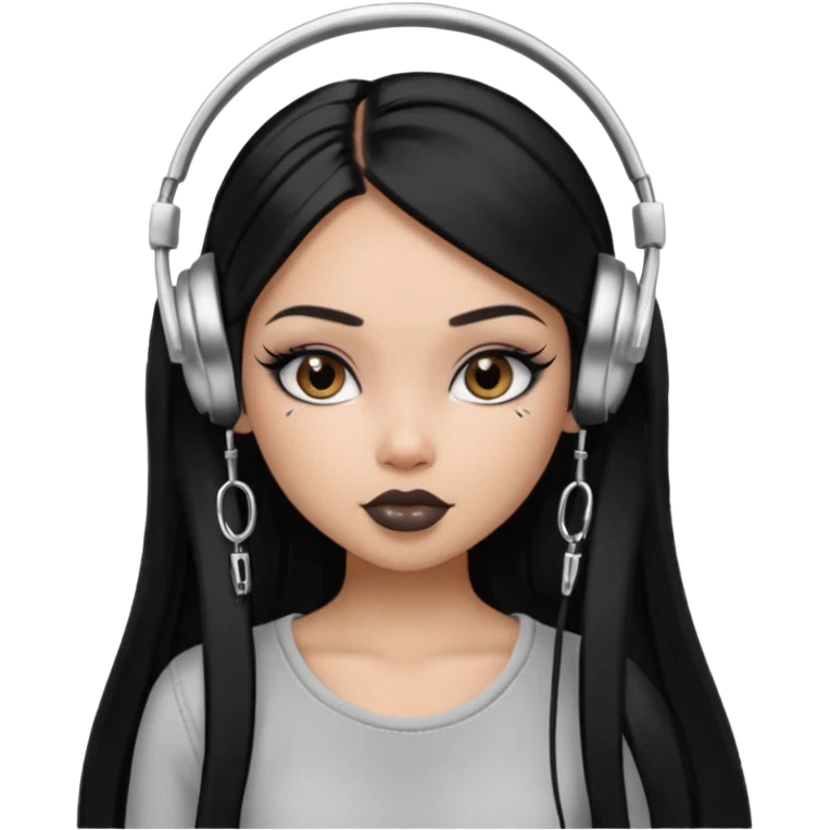 generate a pretty bratz girl with black long straight hair and silver headphones on, brown lipstick tattoo on shoulder, eyeliner on, silver hoops emoji