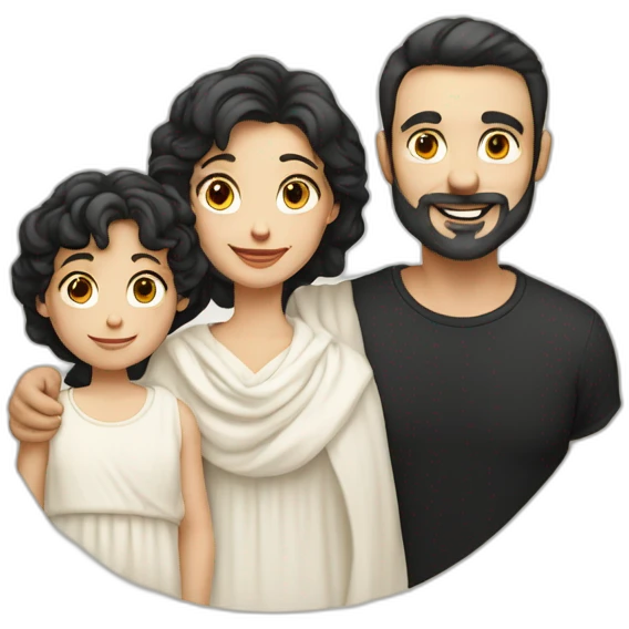 Daddy with white skin wear cream tshirt and his wife with white skin wear long blaus with black shawl also his son wear cream tshirt emoji