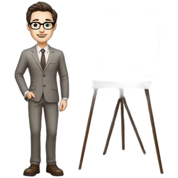 Pale skinned fit man with dark brown hair in gray jacket, beige office shirt, brown tie, brown pants and vintage glasses Writing text on the flipchart emoji