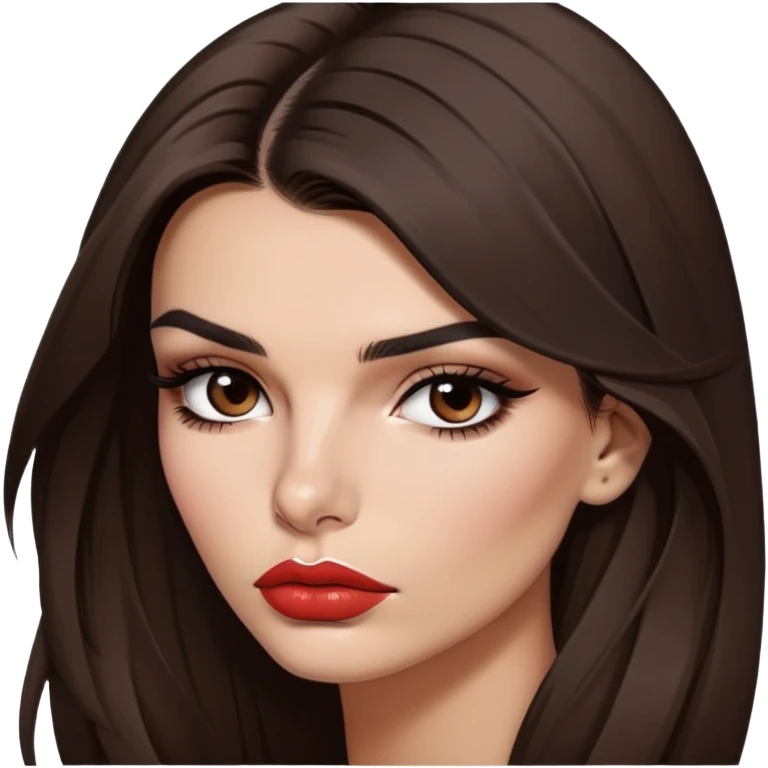 Emily Ratajkowski, brunette fashion model with long dark hair, pouty lips, and defined eyebrows emoji