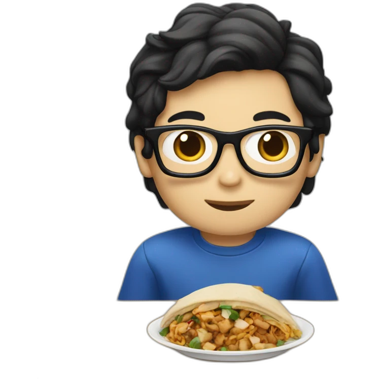 White Boy with chinese black hair wearing blue glasses eating shawarma emoji