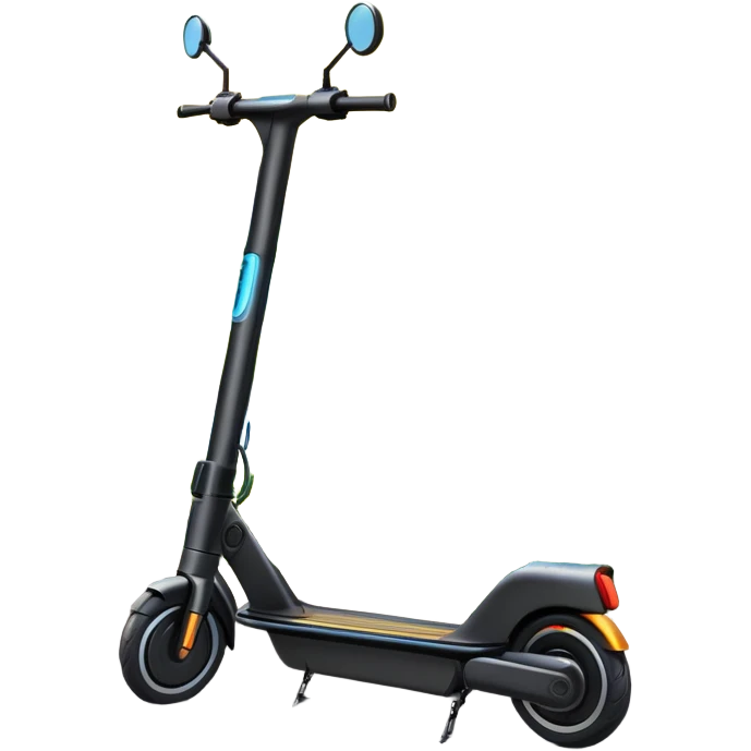 An icon featuring a sleek electric scooter parked on a scenic path. The background showcases a vibrant city park with green trees, flowers, and a clear blue sky. The sun sets in the distance, casting a warm golden glow on the landscape. Transparent background. emoji