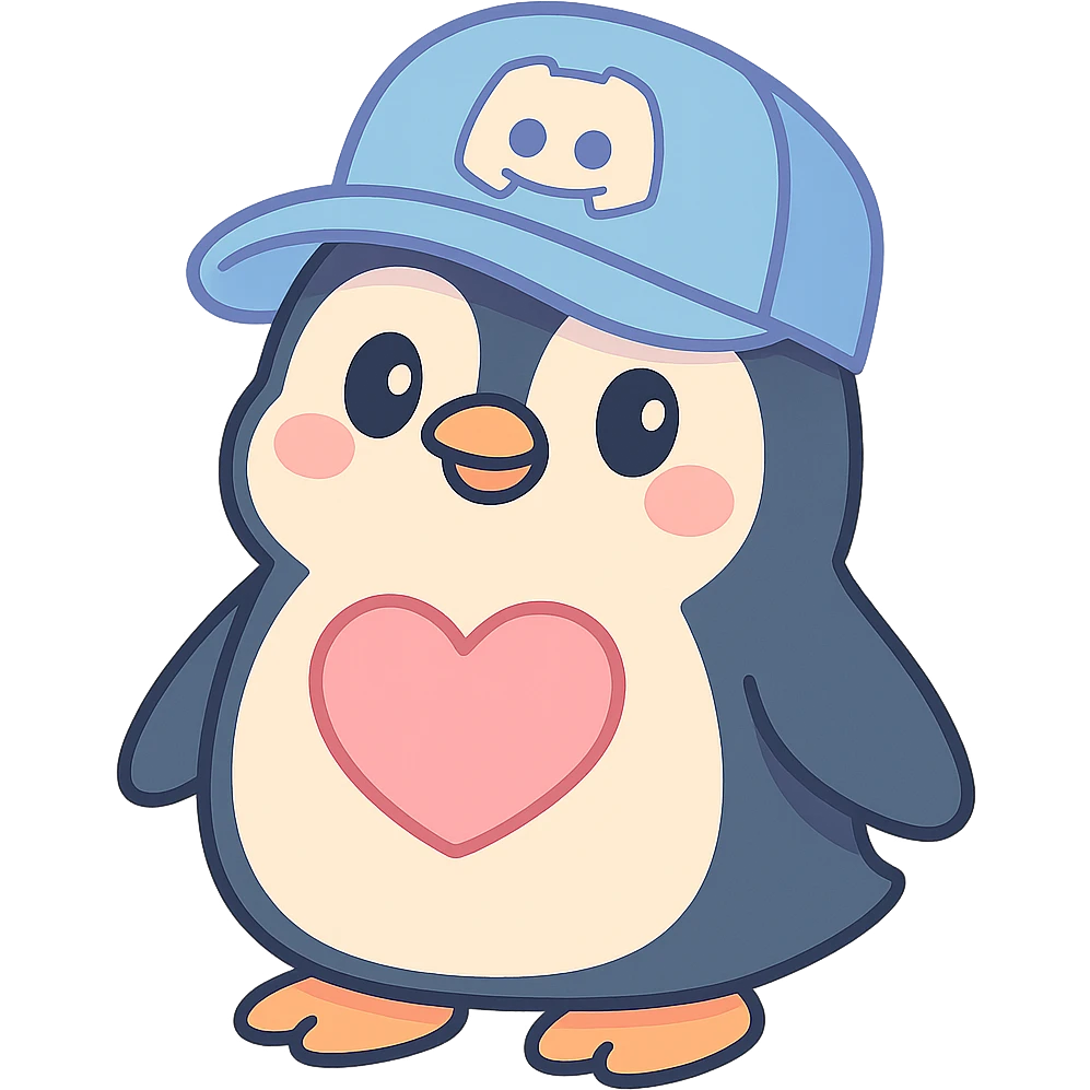 cute penguin with an oversized Discord cap and a big pink heart on its chest in pastel-toon style emoji