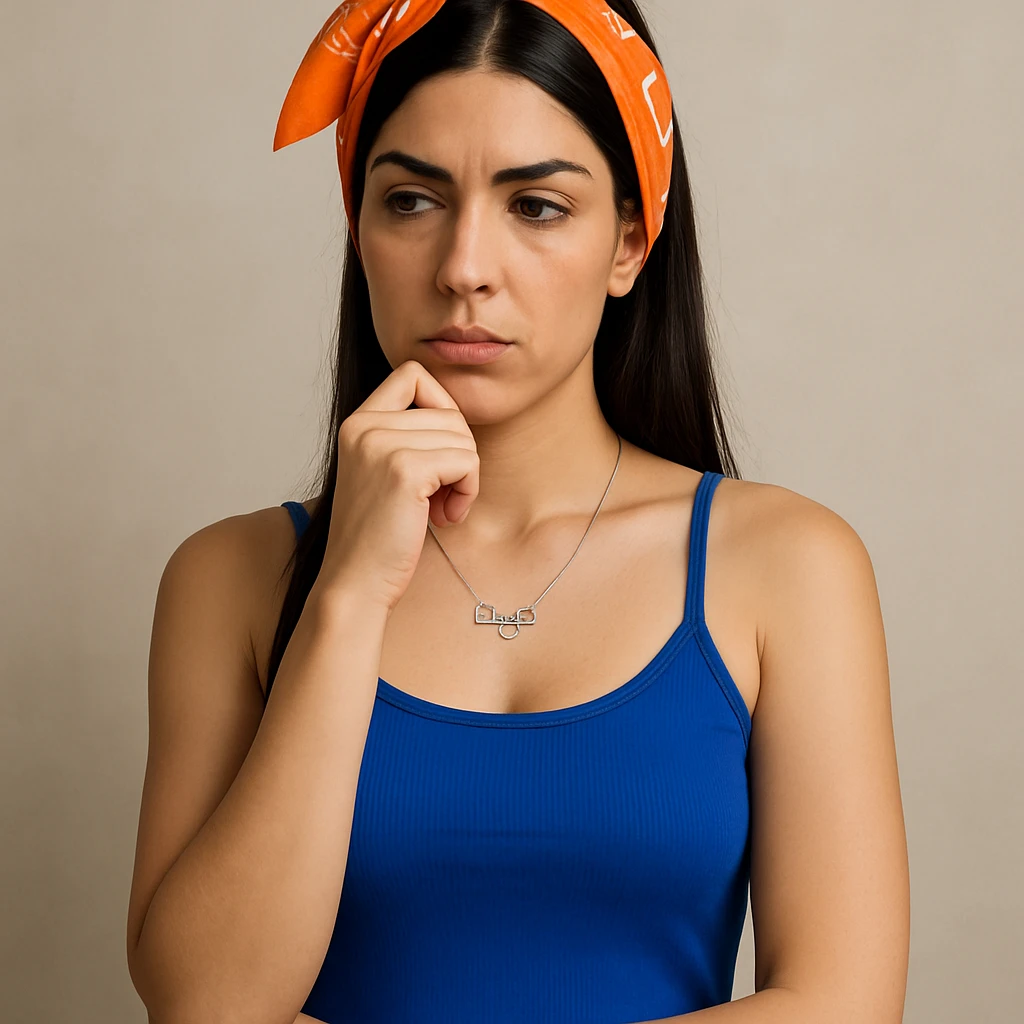 Create a hyperrealistic 4K image of a thoughtful woman, almost full figure, with her hand under her chin, inspired by the reference image. She has a reflective expression and a neutral background. This is variant 2 with a slightly changed hand position. emoji
