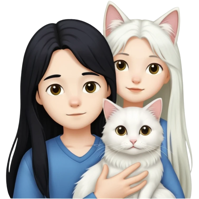 A boy and a girl with long black hair holding a white long-haired cat emoji