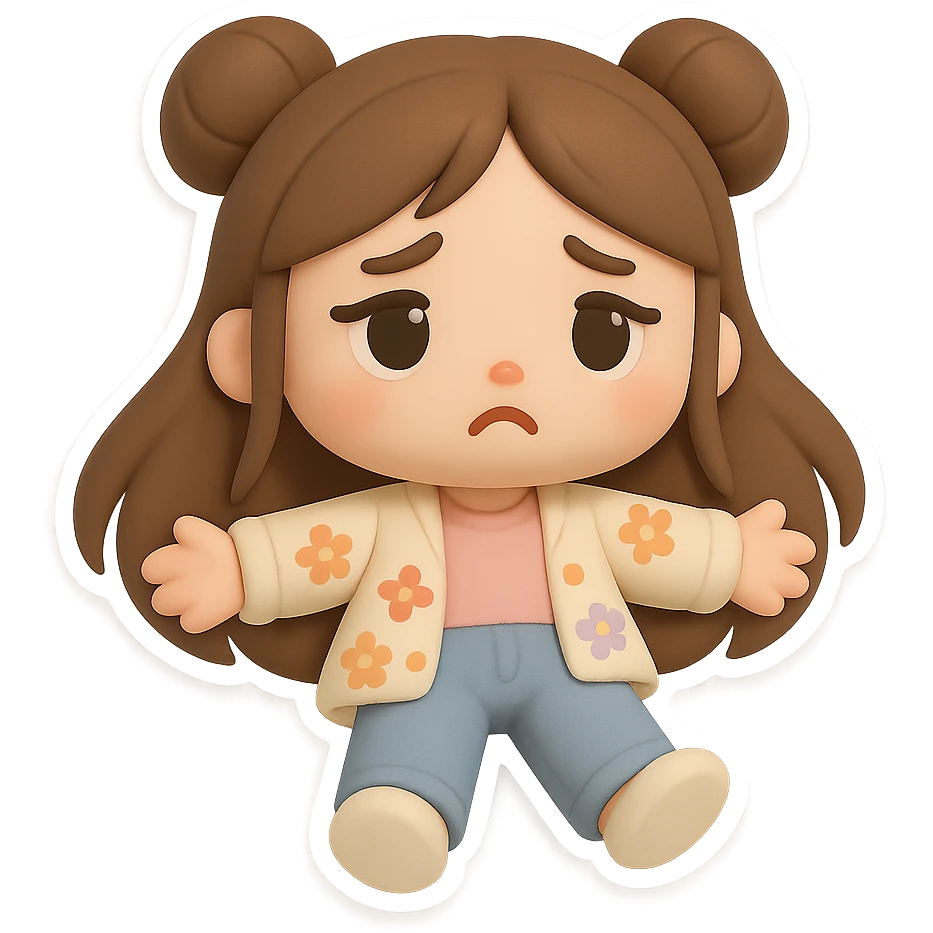 3D chibi style mochi girl, high-quality rendering with smooth shadows and soft gradients, long brown hair in two space buns, brown eyes, jeans, pastel floral cardigan, thick white outline like a sticker, transparent background, lying flat on the floor, arms spread, looking sad, preserve facial features from reference image emoji