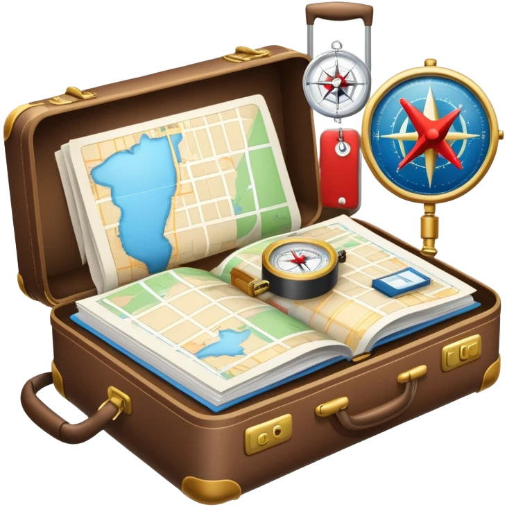An icon featuring a suitcase, hotel building, symbolizing the scientific study of tourism and hospitality. The design includes a map, a compass, and a checklist, representing travel planning and service management. Transparent background highlights the academic exploration of the tourism industry. emoji