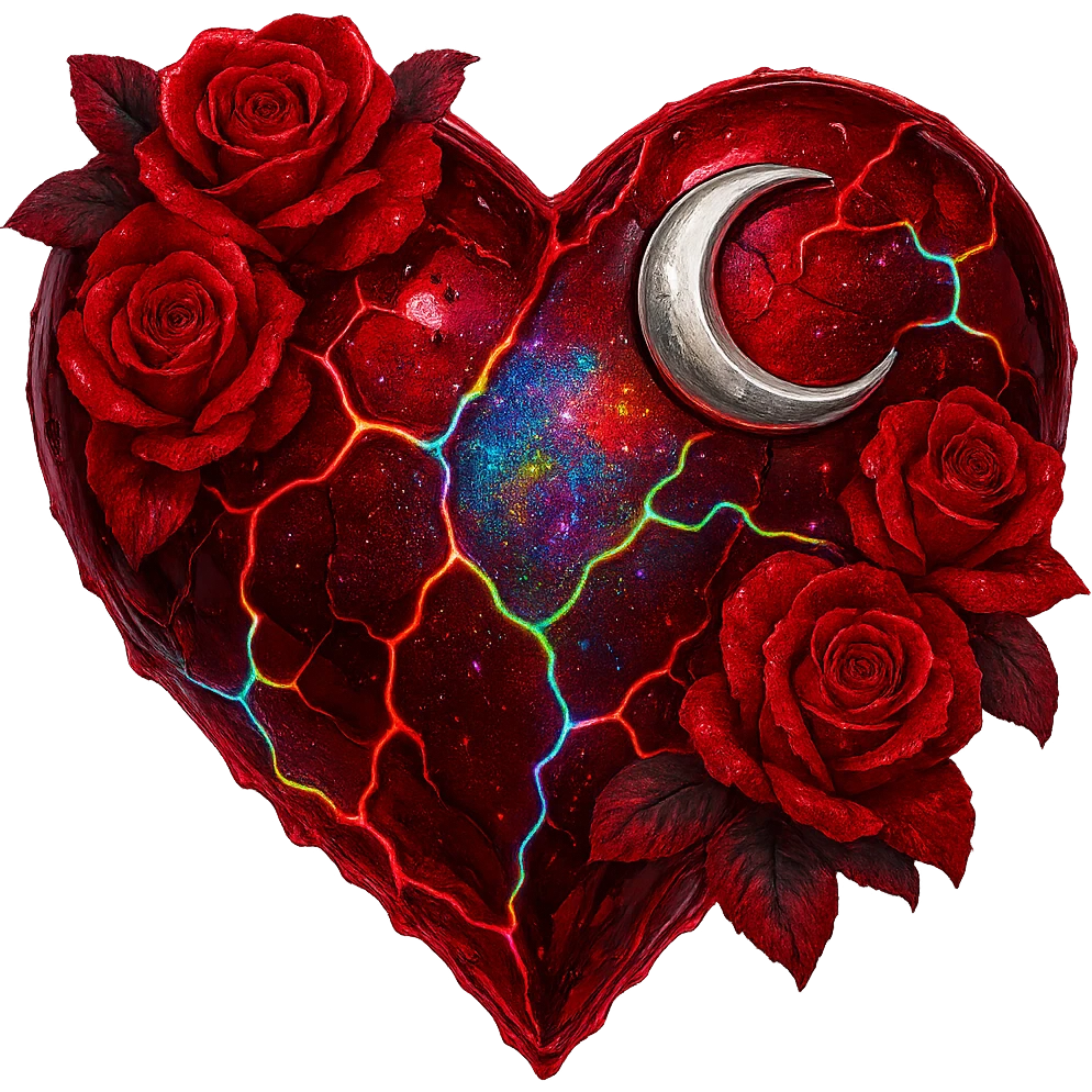 Edit the gothic heart to have cracked deep red glass, silver crescent moon, red roses, shimmering holographic stardust, neon lightning accents, and a glossy wet appearance. Keep the background transparent. The style should maintain the gothic heart's original look with transparent background. emoji