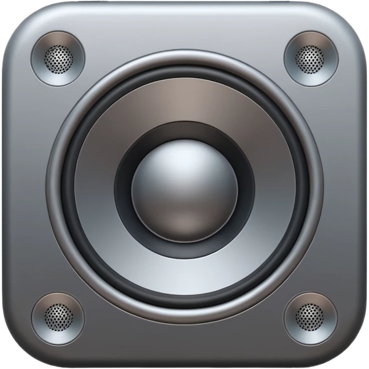 Minimal emoji icon of a modern metallic speaker, front view, detailed geometry, dark metallic body, subtle highlights, isolated emoji