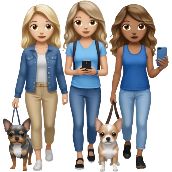 Three women in summer clothes holding iPhone, hazel eyed light skin with dark blonde long hair and light skin hazel eyed brown long wavy hair, blue eyed light skin long blonde hair walking 2 dogs,blue and gray spotted Merle Frenchie, black and tan chihuahua  emoji