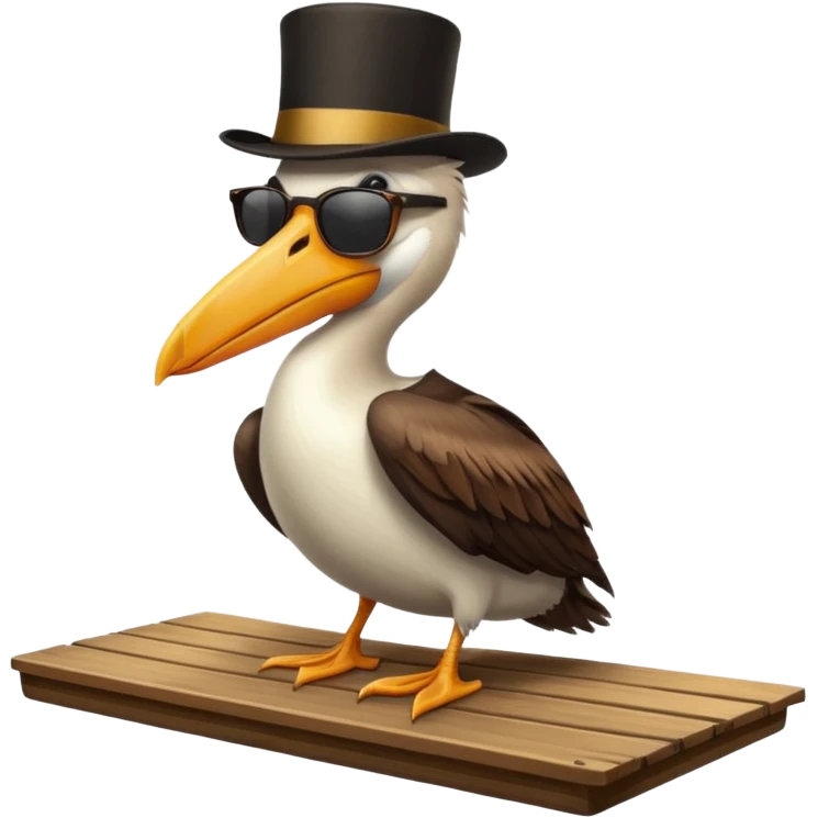 pelican with poise, wearing sunglasses and formal top hat emoji