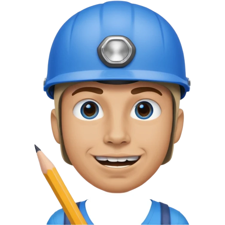 A round head puppet with 2 buck teeth a blue bike helmet and a round nose with a pencil in it also he has a unibrow and blue eyes emoji