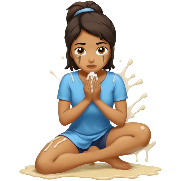 Kneeling Hispanic woman with sticky white liquid on face emoji