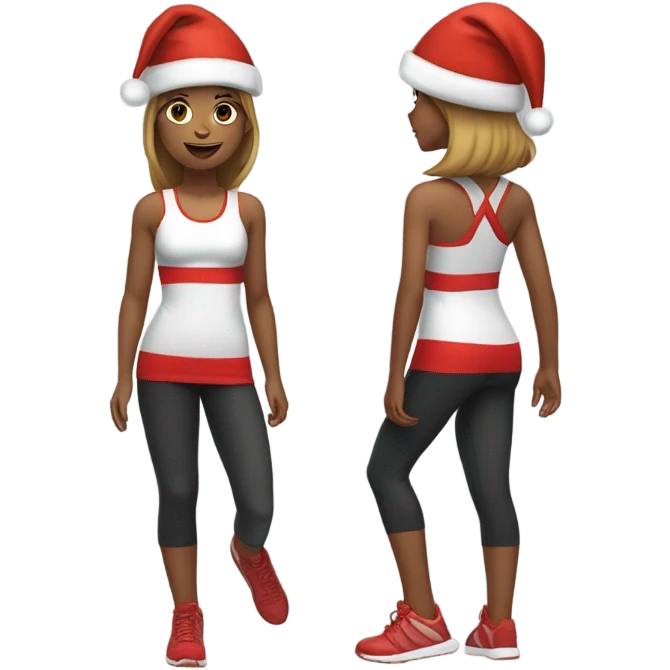 Emoji of full-body sporty girl в top and leggings wearing a red Christmas hat. emoji