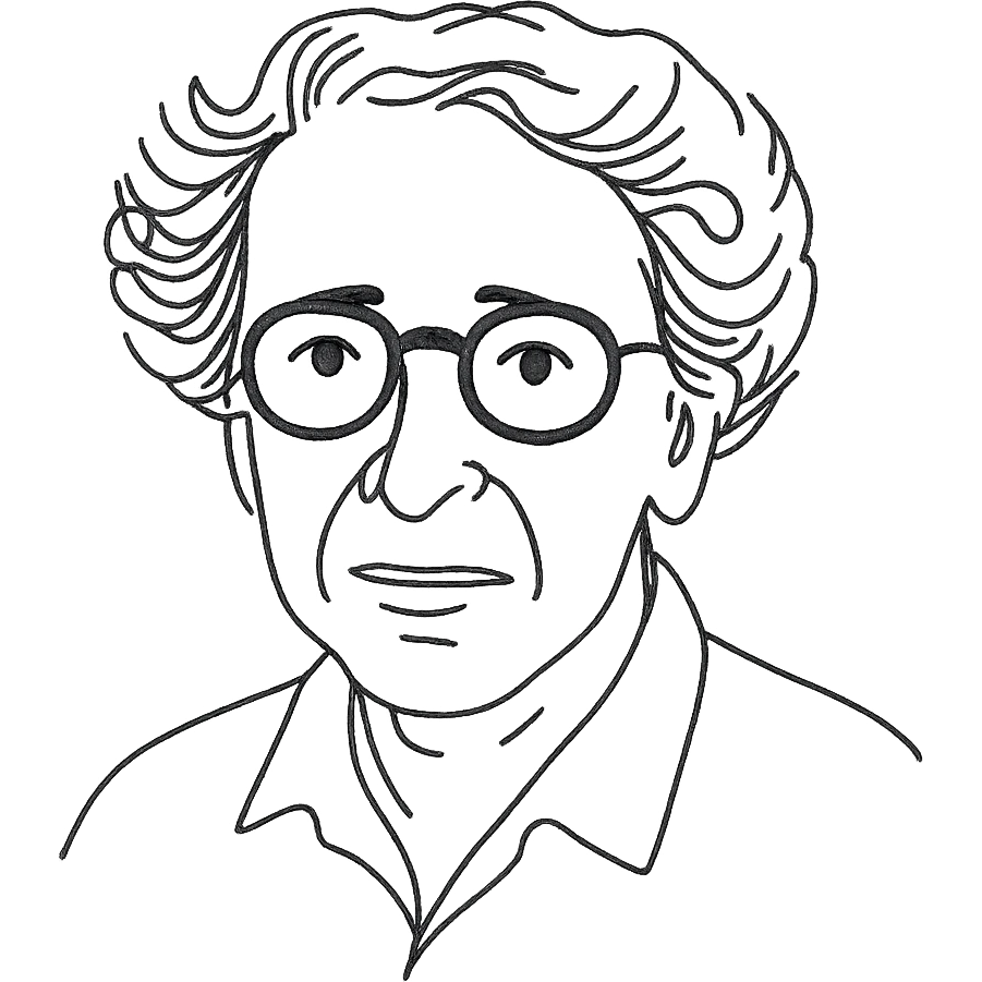 a hand drawn black outline portrait of Hannah Arendt with similar size eyes emoji