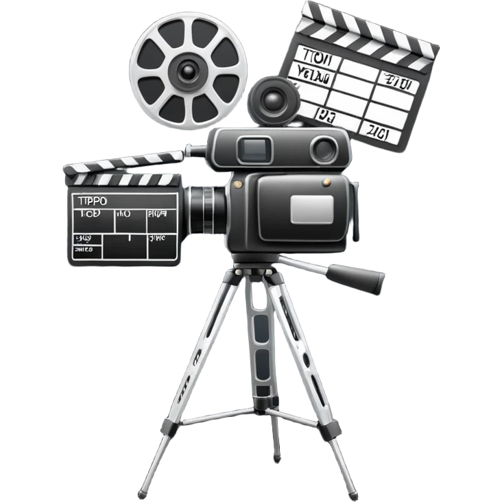 video camera on tripod with film clapperboard, energetic and modern, shooting emoji