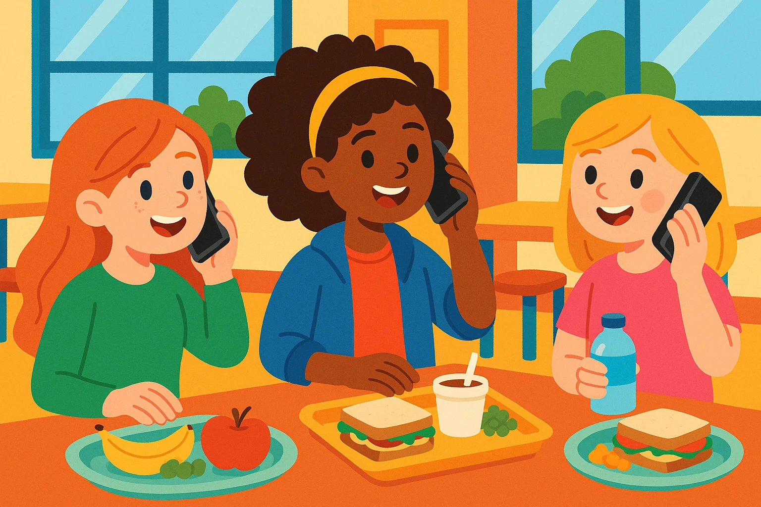 three girls spending their lunch break talking on the phone to one another, vibrant and friendly scene, modern casual clothing, school or office lunch setting, cheerful expressions emoji