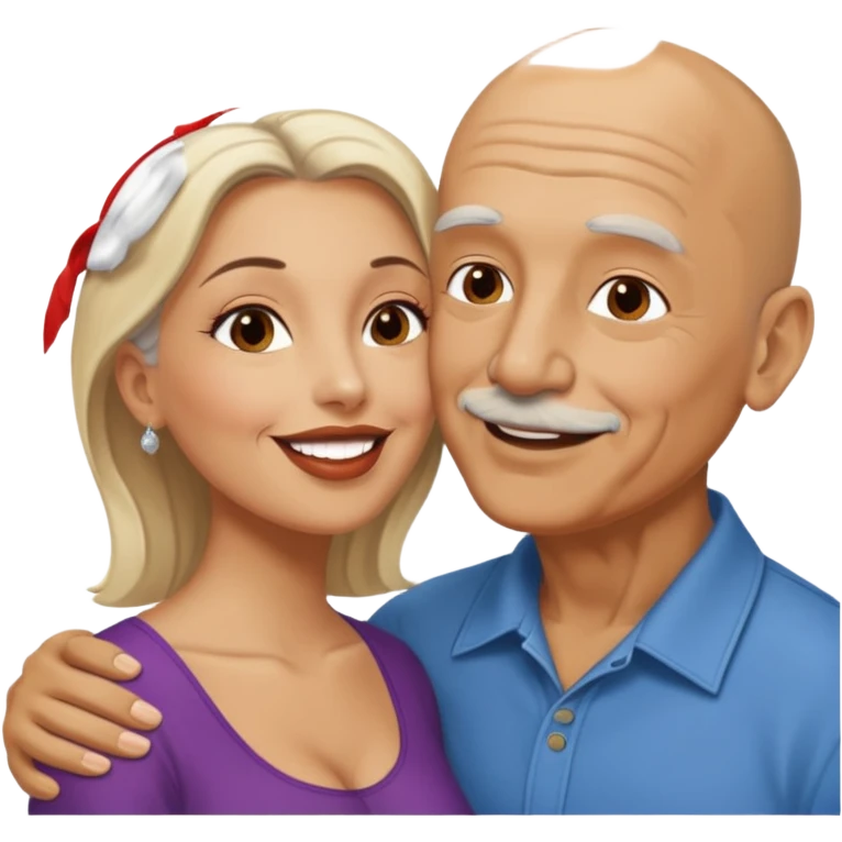 Older Bald Hispanic man kissing white dark blonde woman emoji