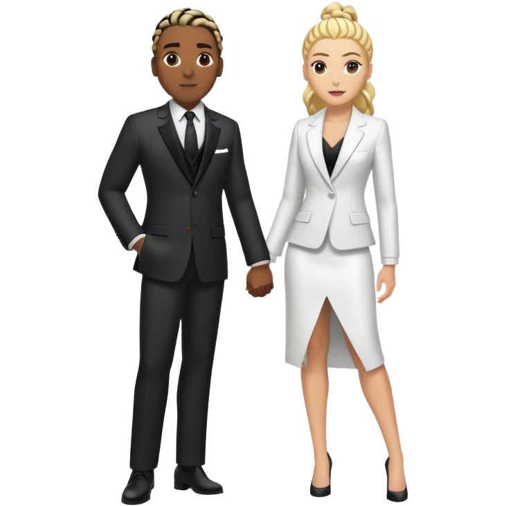 Black guy with cornrows in a suit with white girl with blonde hair and a fancy dress posing for a fashion show emoji