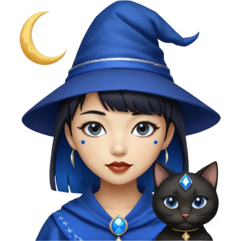 an asian short haired girl with electric blue highlighted short raven hair with bangs, with her silver left eye and dark brown right eye, with black cat eyed style eyeliner, and smirk of natural toned lipstick, with wizard hat with moon emblem on his hat. emoji