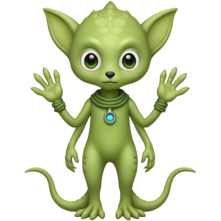 full body cute roughly humanoid peacefull alien furry with 2 legs and eye stalks stands upright and looks intelligent ...wears clothing. not green..looks happy and cudly... has 3 eyes...the alien has 3 eyes....it has an extra eye on a stalk emoji
