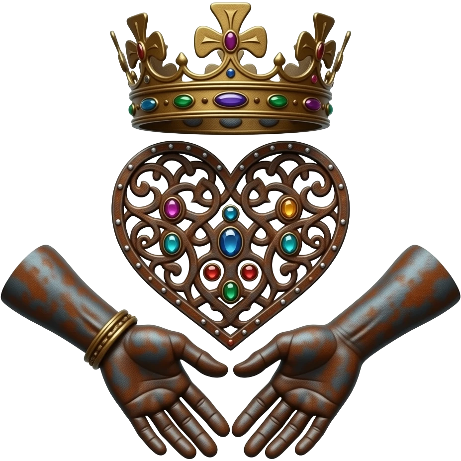 two rusty hands touch with their fingers (hands are facing downwards)  a rusty heart richly ornamented with arabesques and studded with precious stones with a richly decorated royal crown, dramatic lighting - backlight emoji